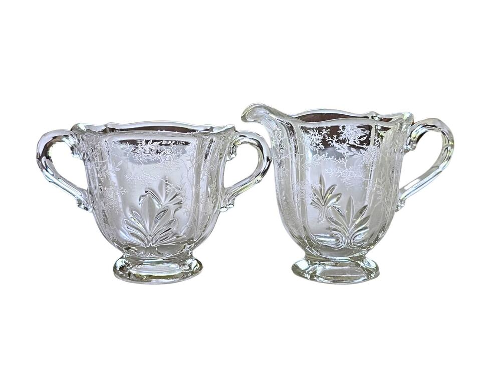 Vintage Creamer & Open Sugar Bowl in Fostoria Chintz Pattern, Pristine Condition